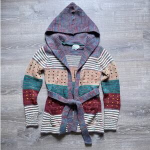 Vtg 70's Helen Sue Acrylic Patterned Knit Hooded Tied Sweater Sz M Retro Boho